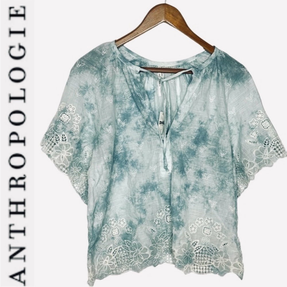 Anthropologie Embroidered Tie Dye Eyelet Bohemian Blouse in Blue-Green Tie Dye L